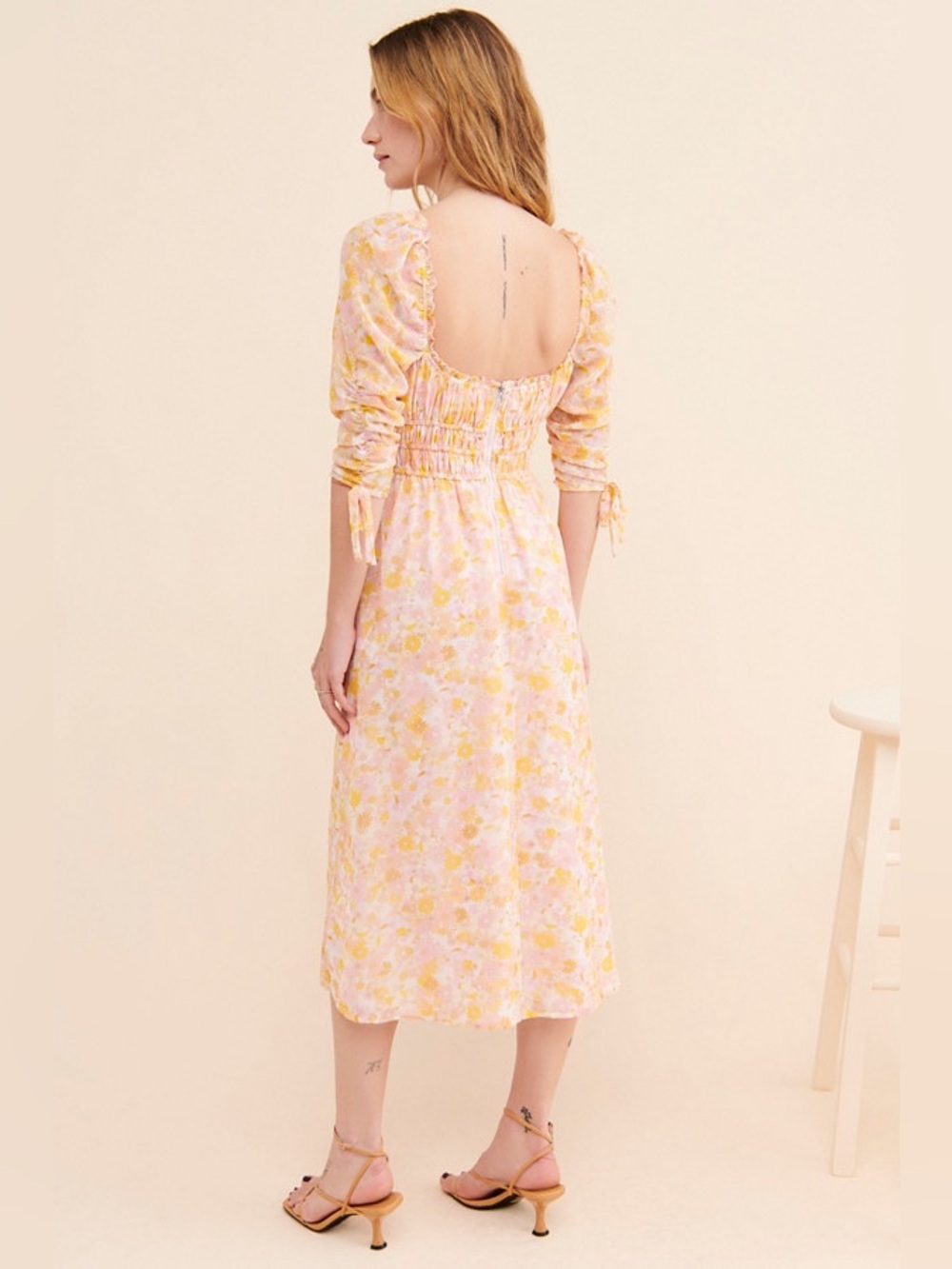 For love and lemons Eden‎ Floral Midi Dress pink yellow ruched bow sleeves XS - Picture 5 of 15